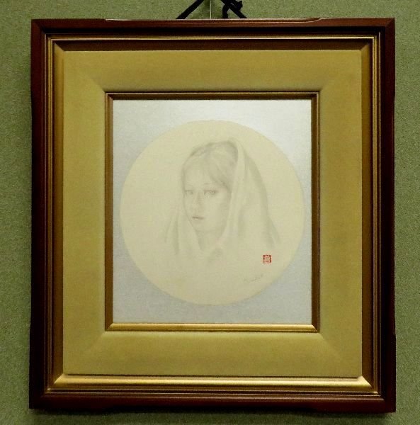 ○鉛筆、水彩画○ 栗原喜依子 『ナザレの女』 肉筆色紙 額装 【美人画