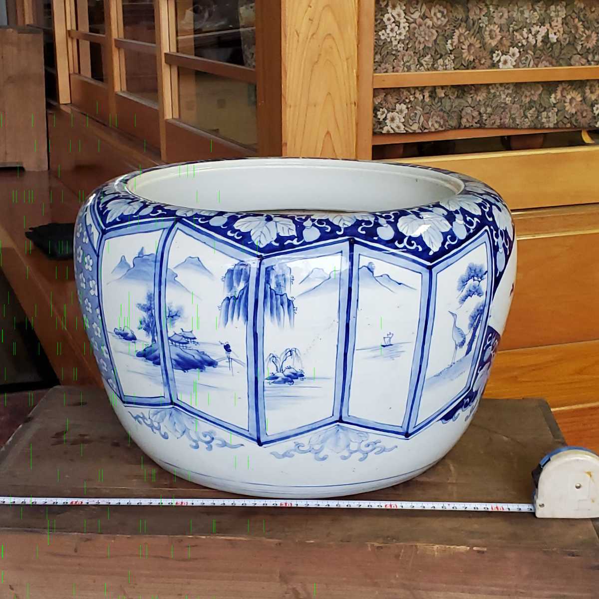 直径46cm 陶磁器 染付け 屏風絵 山水紋 瓢箪 唐草 蝶 火鉢 //検索 古民