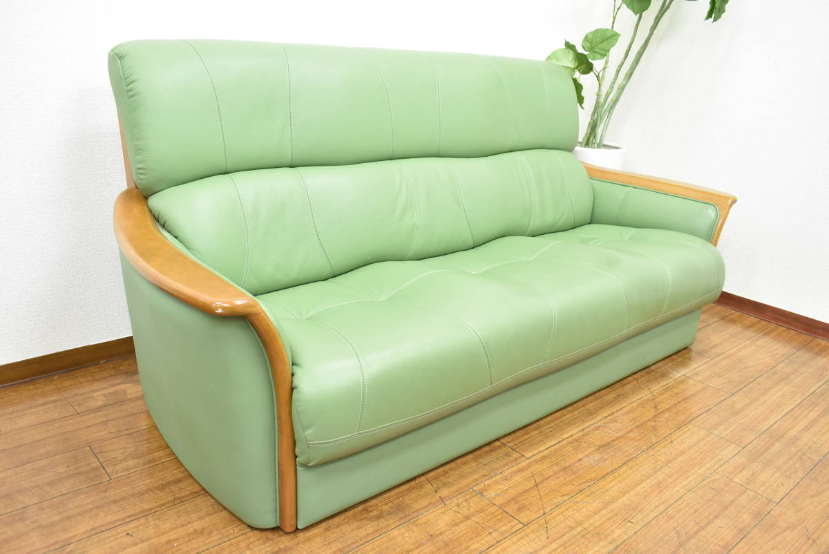 【引取可/福岡市博多区】浜本工芸 オーク材 本革 3人掛け ソファ 3シーター 3P トリプル 長椅子