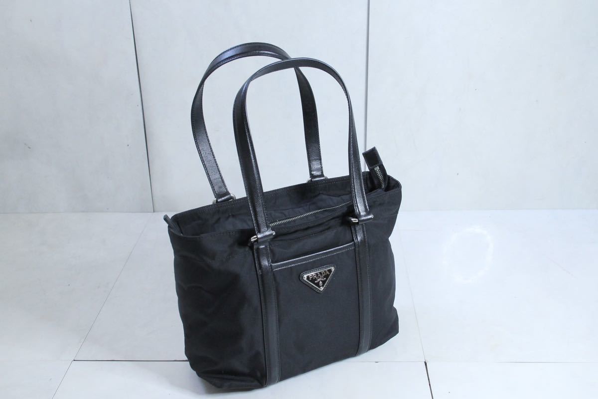 7.PRADA プラダ トートバッグ ナイロン カーフ ブラック ロゴプレート 