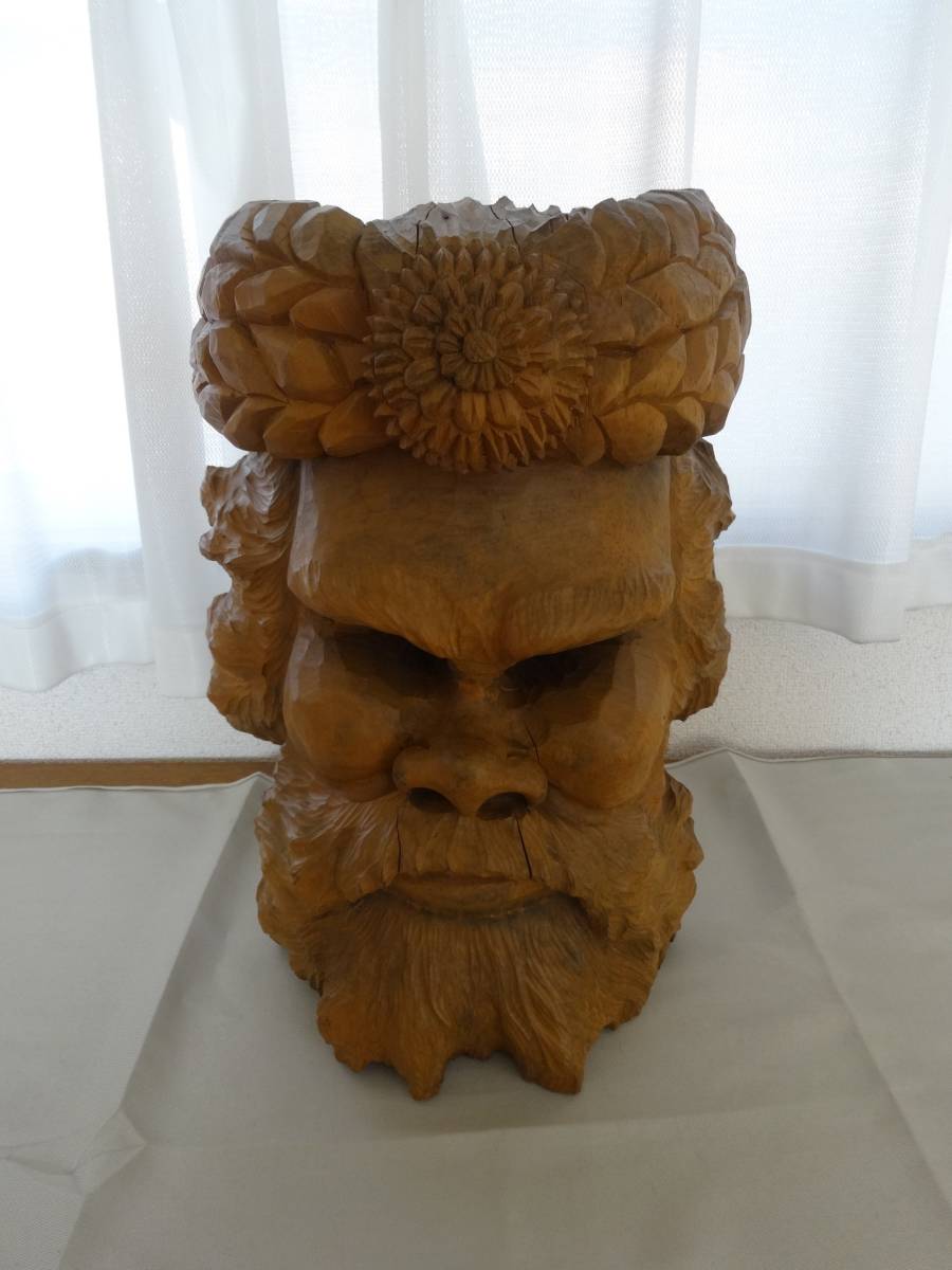 ○アイヌ 彫刻 木彫り人面 長老 刻印有り 圧倒的迫力 壁掛け オブジェ 高さ
