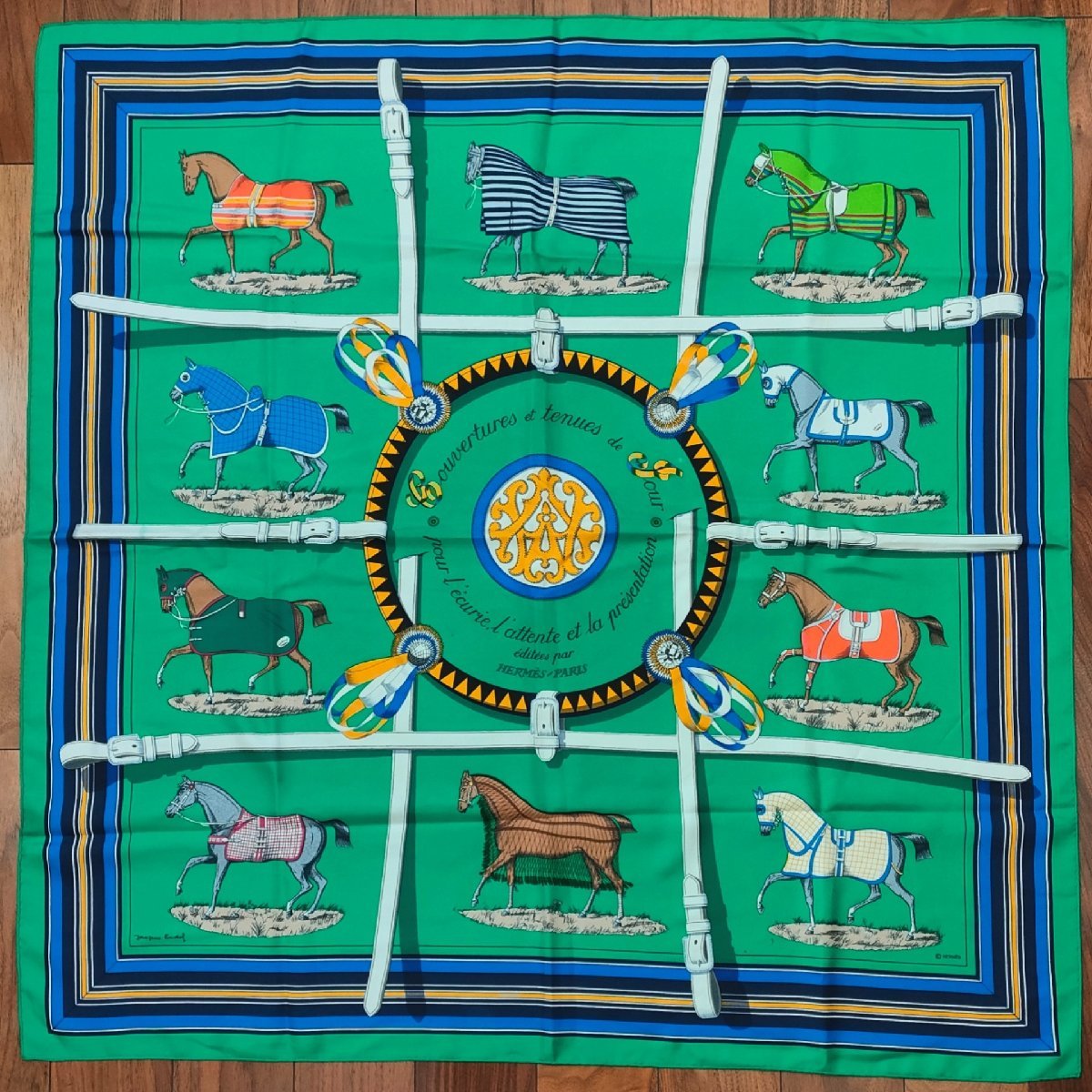 S2263●送料198円～ エルメス HERMES スカーフ カレ90 Couvertures et tenues de jour 馬着 グリーン レディース