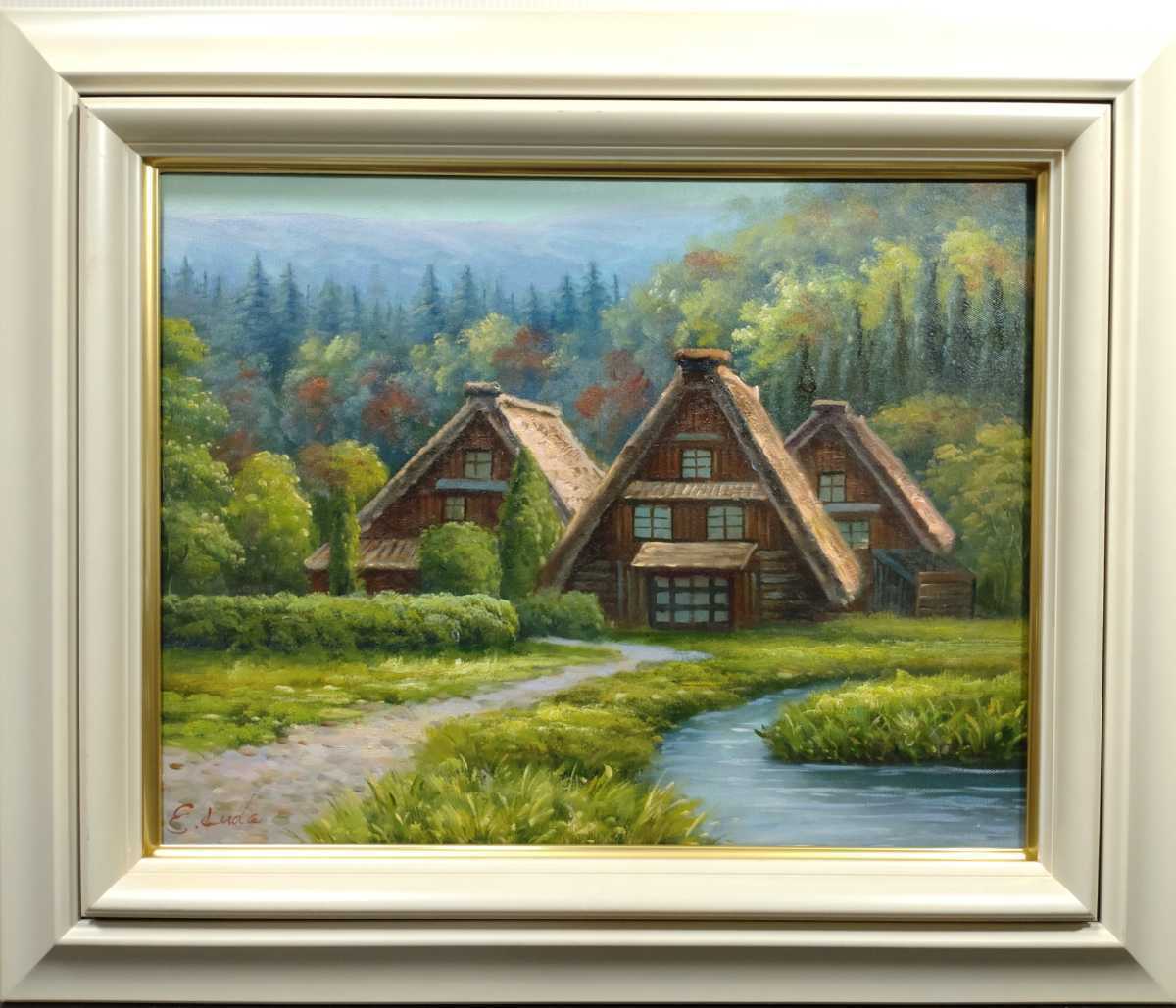 1『真作 油彩画/八千代会所属 工藤栄進【山里の秋】古民家風景 直筆 