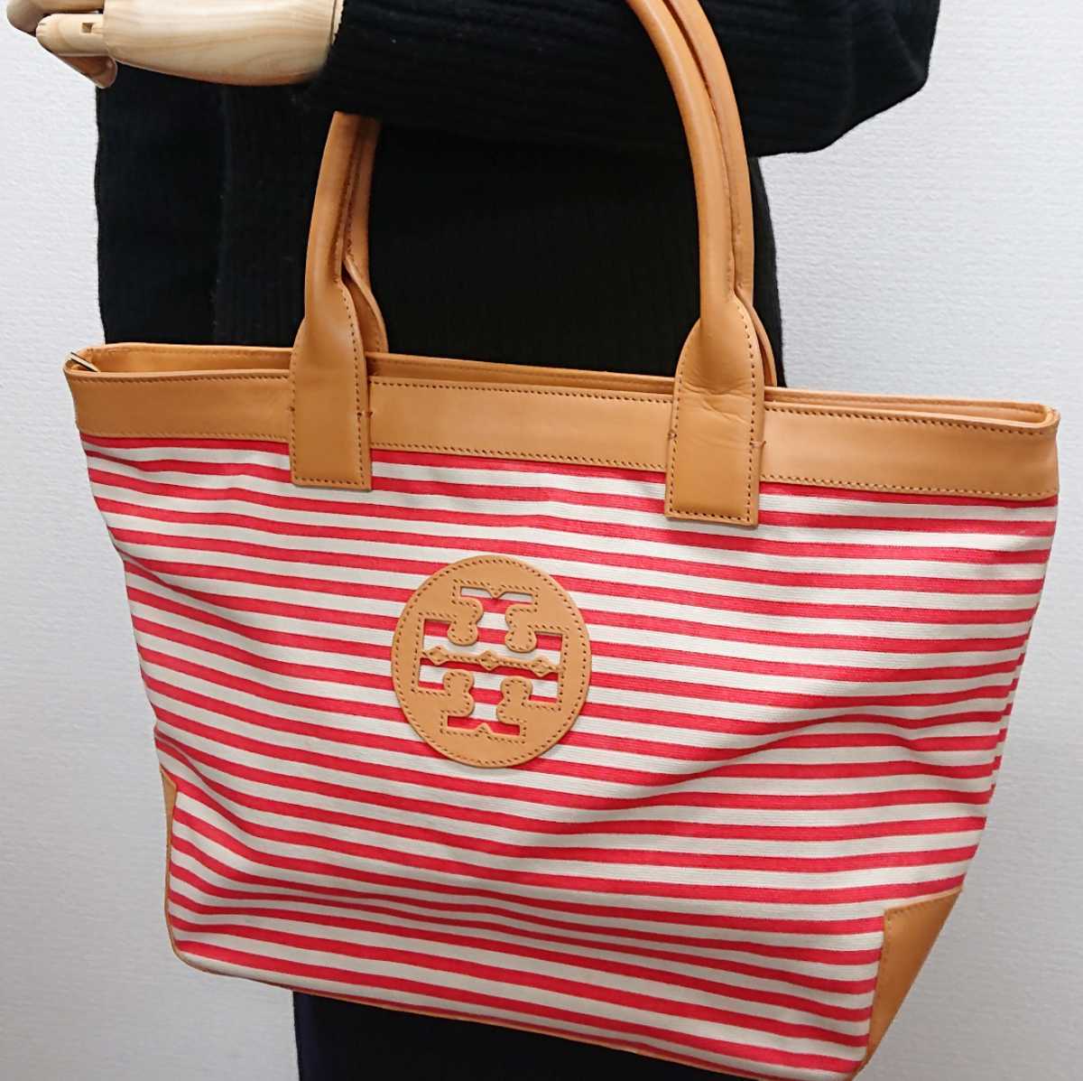 美品】『TORY BURCH トリーバーチ キャンバス×レザー ボーダー トート 