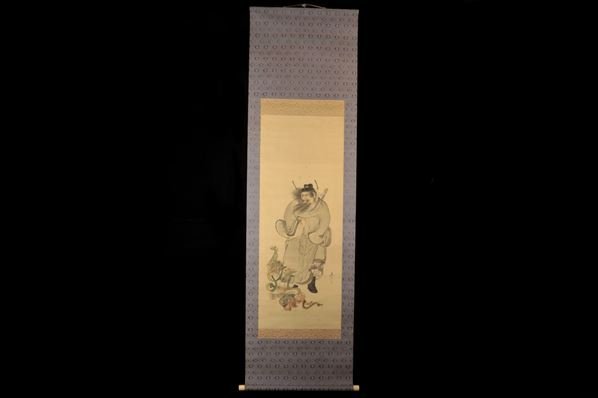 骨董　縁起物　狩野探信　掛軸　鍾馗　肉筆 狩野是信 休山 筆 鍾馗図 掛軸 肉筆 落款有 絹本 箱付 骨董品 古美術品