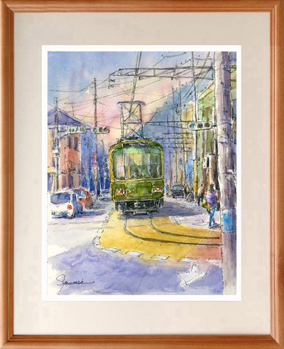 ☆水彩画☆原画「江ノ電・夕暮れの腰越商店街」＃579 水彩画原画