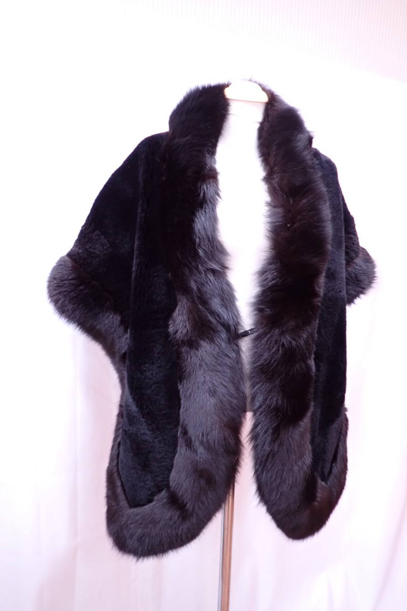 高級本毛皮 FOX フォックス 大判 ショール 襟巻 ティペット ドレス 和装にも ブラック 178cm×43cm G12147K