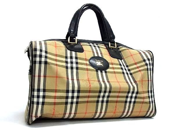 1円 Burberrys バーバリーズ ノバチェック キャンバス×レザー ハンドバッグ ボストンバッグ 旅行かばんベージュ系×ブラック系 AG2734セキ