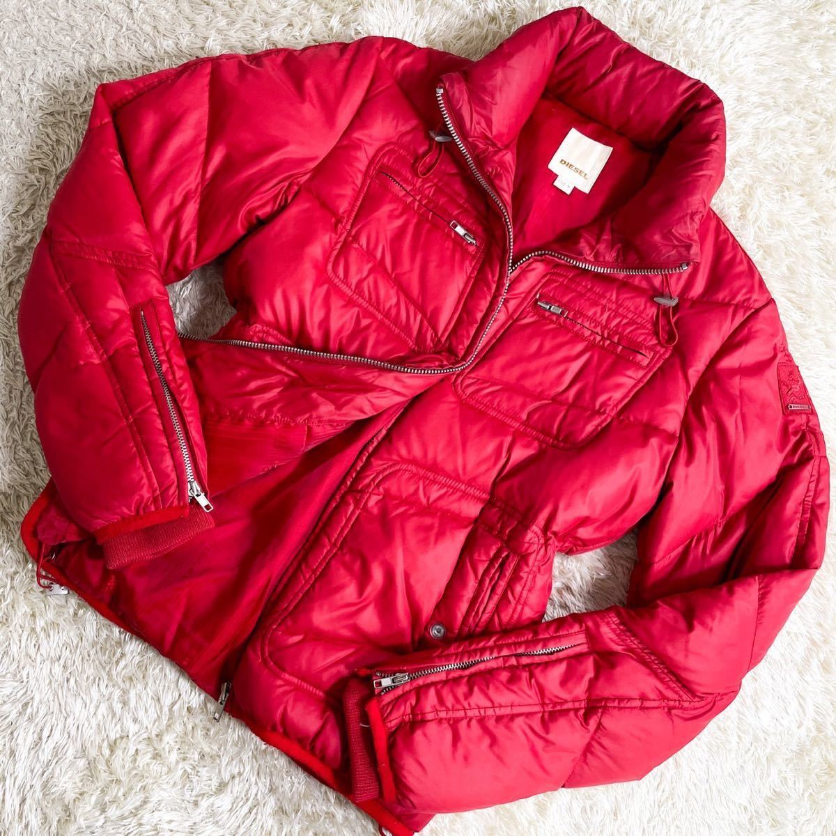 希少!!!ディーゼル『極暖の王様』DIESEL ダウンジャケット M 高級感 ◎ 光沢感 フード付 肉厚 ダウンコート 赤 レッド 秋冬春
