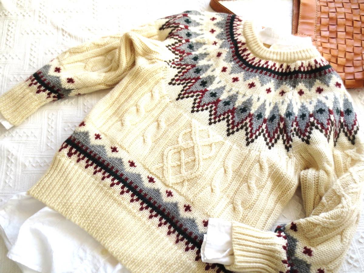 6新品☆ハンドメイド☆手編み棒針編みアラン模様編みウールセーター 