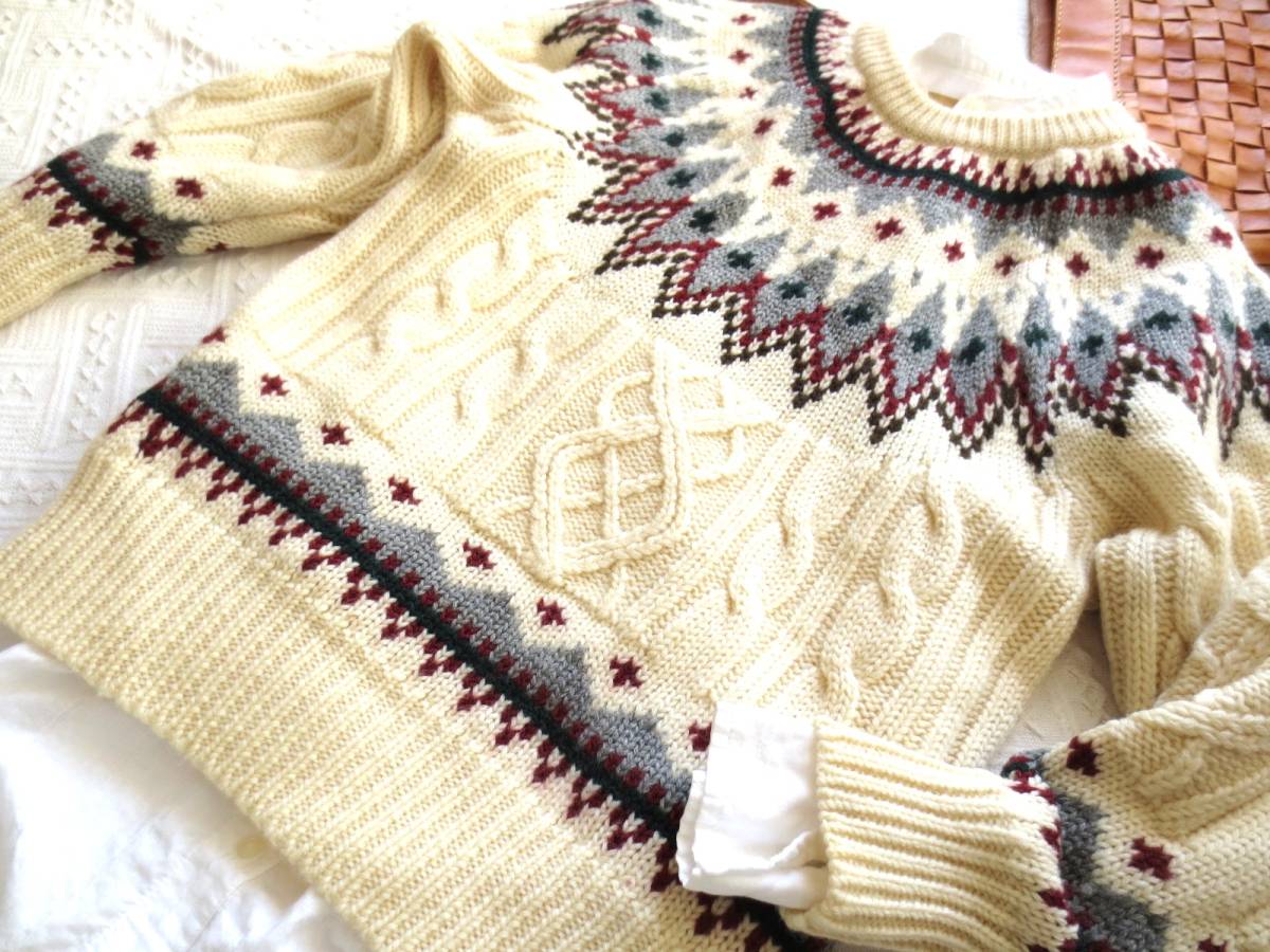 6新品☆ハンドメイド☆手編み棒針編みアラン模様編みウールセーター 
