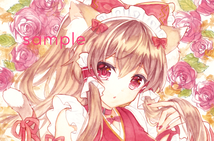 同人手描きイラスト〇東方・博麗霊夢/猫耳・和メイド風〇約A4＆中色紙