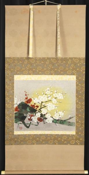 真作】【WISH】後藤志朗「紅白梅」日本画 金泥仕様 掛軸 太巻 共箱