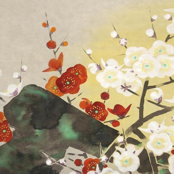真作】【WISH】後藤志朗「紅白梅」日本画 金泥仕様 掛軸 太巻 共箱