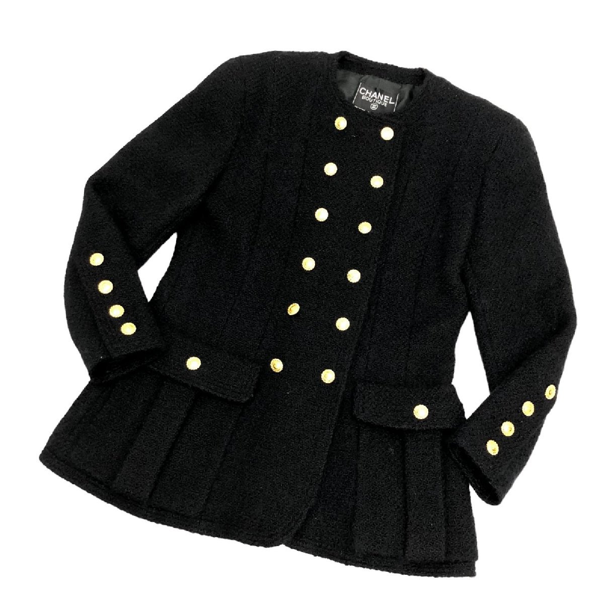 シャネル ダブルジャケット ノーカラー ココボタン ゴールド 黒 40