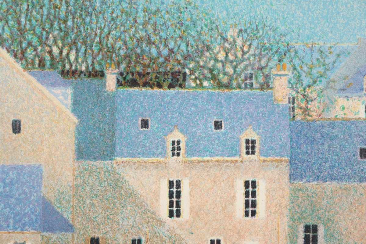 アンドレ・ブーリエ「ブルーの屋根」リトグラフ 直筆サイン入 点描画