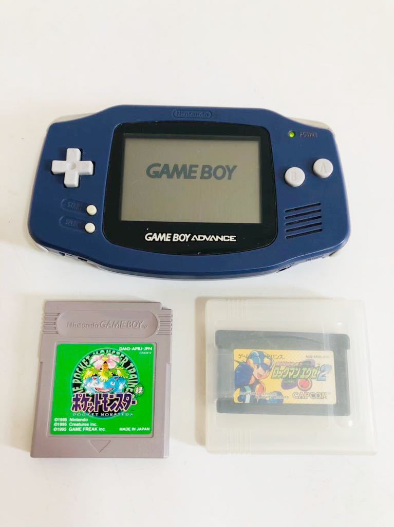 ★217)任天堂 ゲームボーイアドバンス GAME BOY 本体　カセット２つ　ポケットモンスター　ロックマンエグゼ2 通電確認済　1円〜