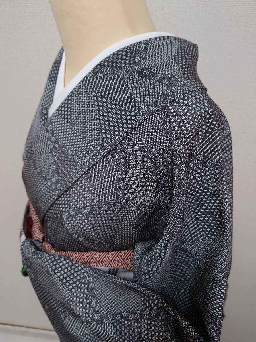 すずや■133正絹型染め江戸小紋　裄丈68cm 鼠墨系