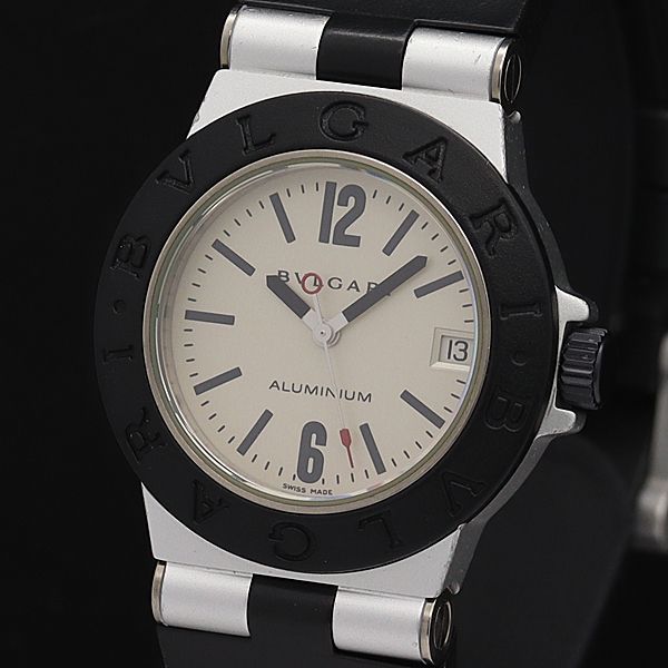1円 稼働 美品 箱/保証書付 ブルガリ QZ AL32TA アルミニウム デイト シルバー文字盤 メンズ腕時計 0067100◇