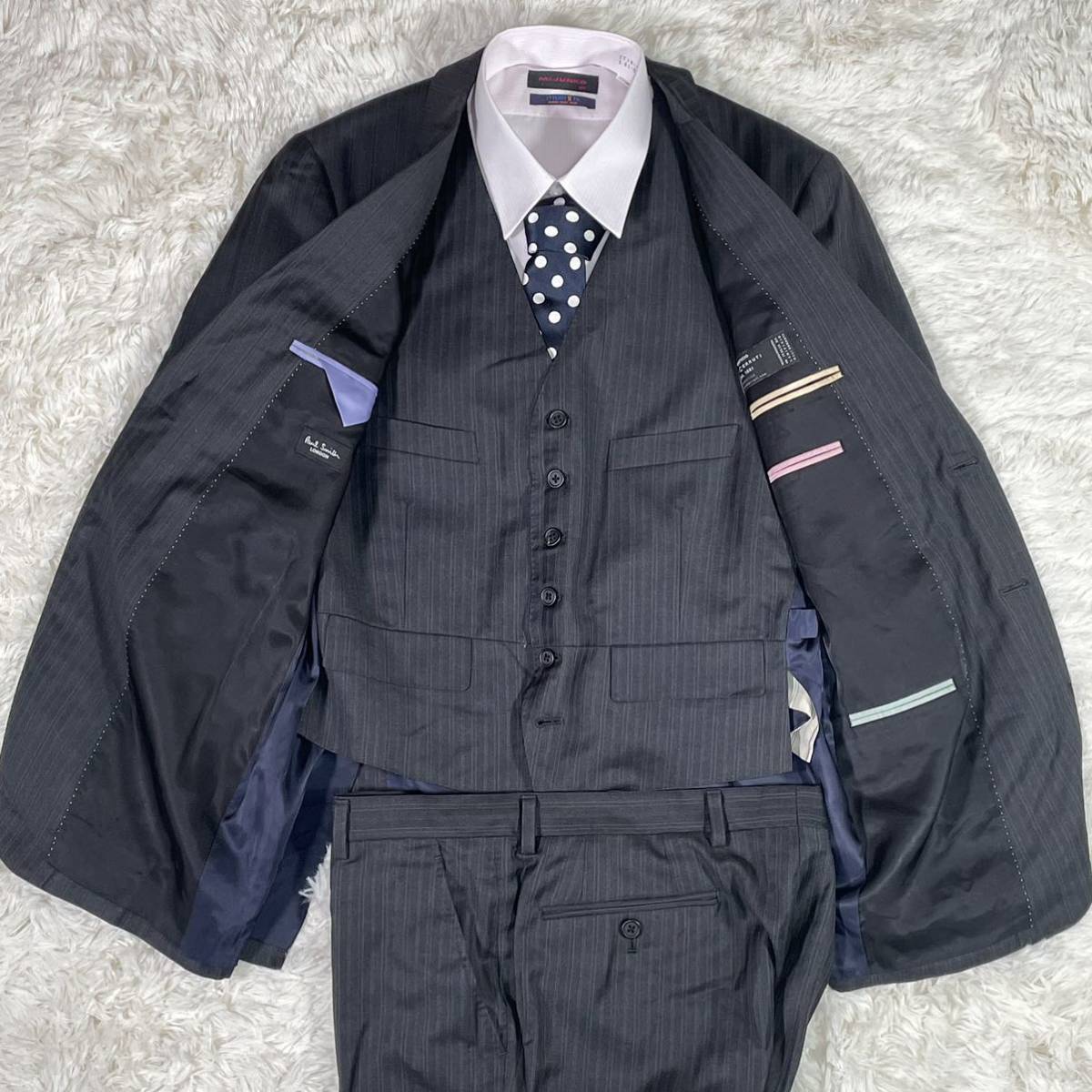 新品✨【ポールスミス】スーツ Cerruti生地ネイビーストライプ 上46下30 Paul Smith 【エリート紳士】 ポールスミス 3ピーススーツ LANIFICIO
