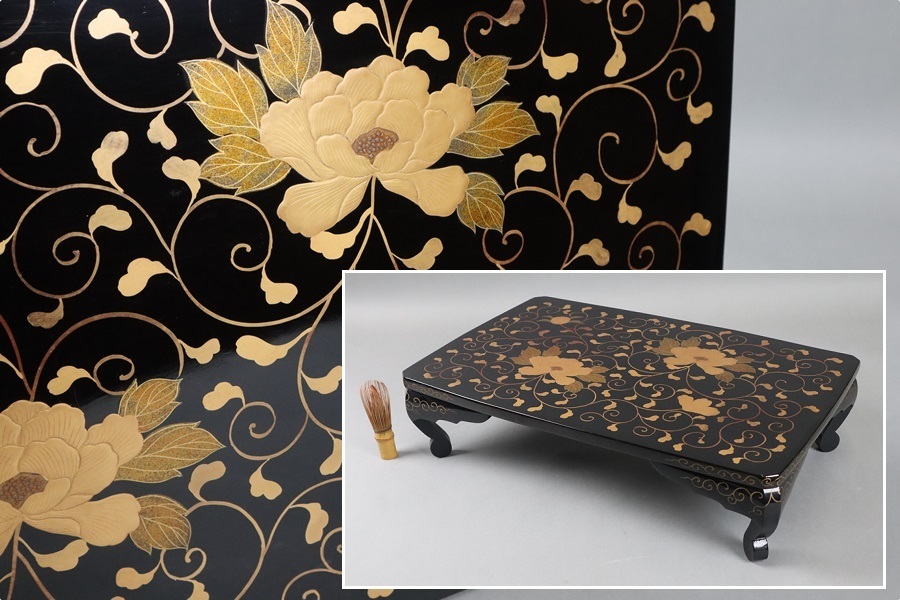 時代漆器 蒔絵 草花絵 平卓 花台 裏梨地 幅53，5cm 飾台 香炉
