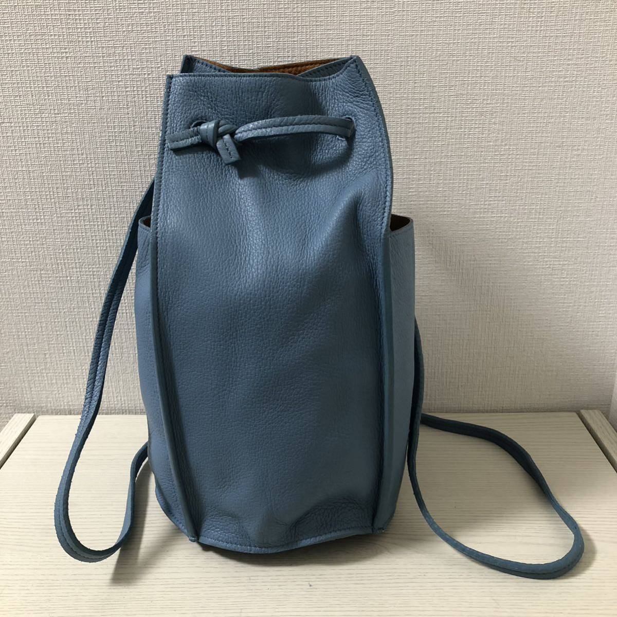 【美品】HIROFU ヒロフ レザー　巾着　リュックサック　ブルー　水色　バックパック デイパック