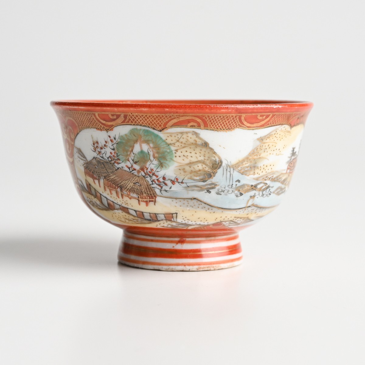 九谷焼 栄喜堂 赤絵 金彩 色絵 茶道具 九谷 陶磁器 和食器 茶碗　6-4 九谷焼 田中画 色絵 金彩 窓絵平安貴族図 茶碗 計3客 大和絵
