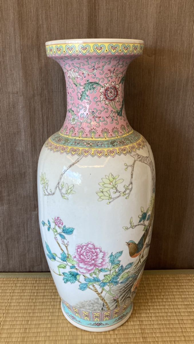 中国 景徳鎮製 特大 花瓶 粉彩花鳥紋 高さ約61cm 中国陶磁器 色絵磁器