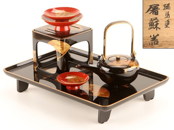 【流】能登輪島塗 扇面蒔絵屠蘇器揃 共箱 KM040