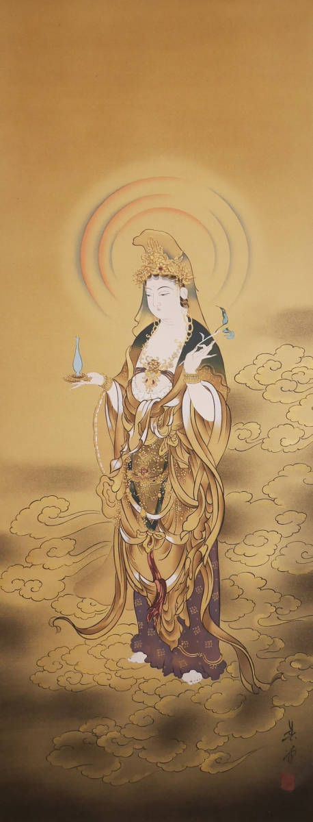 美術品・アンティーク・コレクション 雲上観音 絹本 仏教美術 共箱