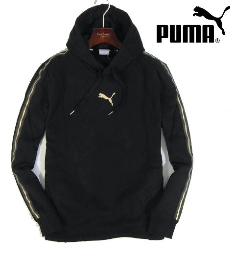 A月01673新品▼ プーマ 裏フリース プルオーバーフーディー 【 XL 】 スウェットパーカ 袖ライン パーカ― PUMA キャットロゴ 黒系 保温性