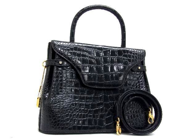1円 ■美品■ BALLY バリー クロコダイル型押しレザー 2WAY ハンドバッグ ショルダー クロスボディ レディース ブラック系 AH0436ソf
