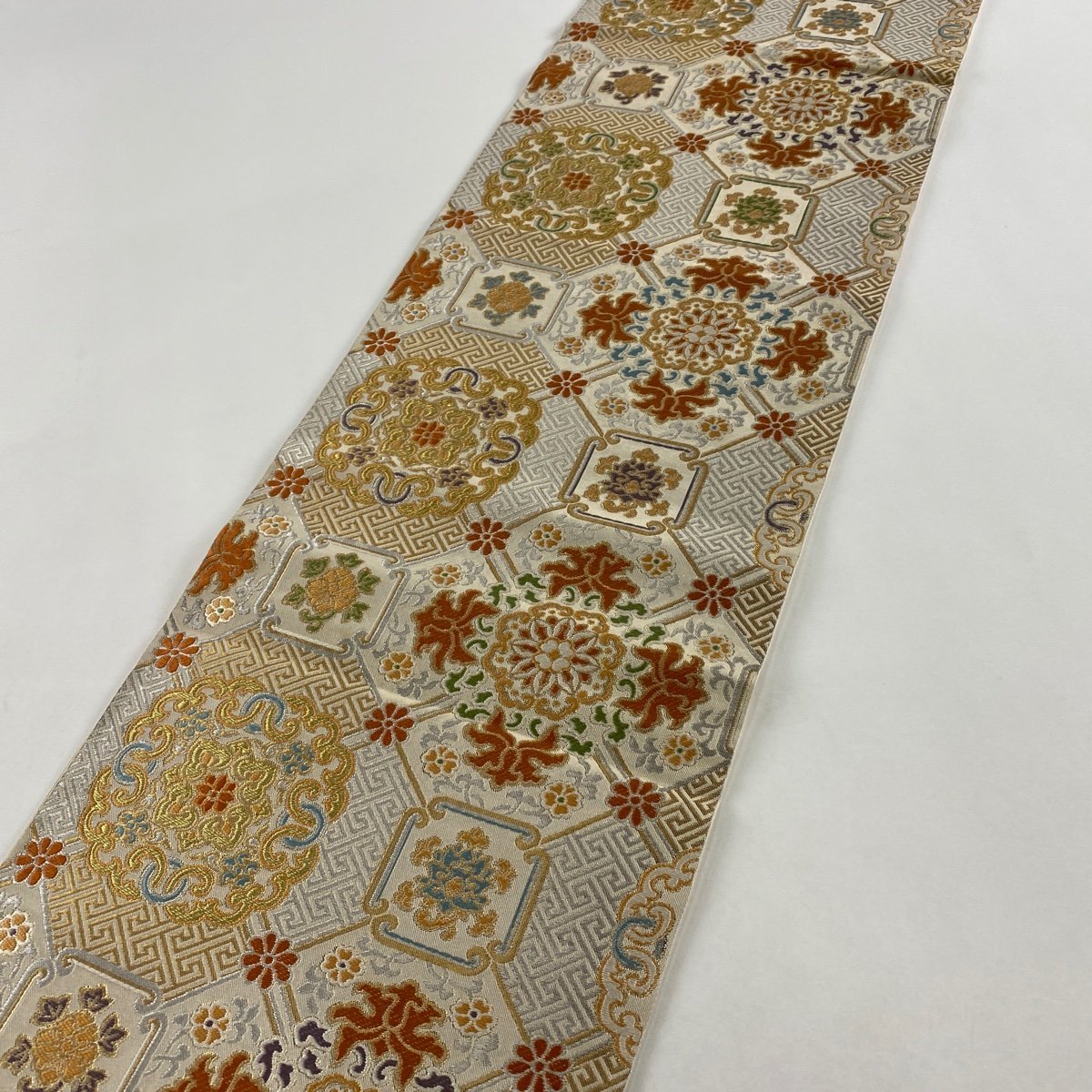 袋帯 箔 正絹 六通 美品 川島織物 秀品 中古 花唐草 落款あり