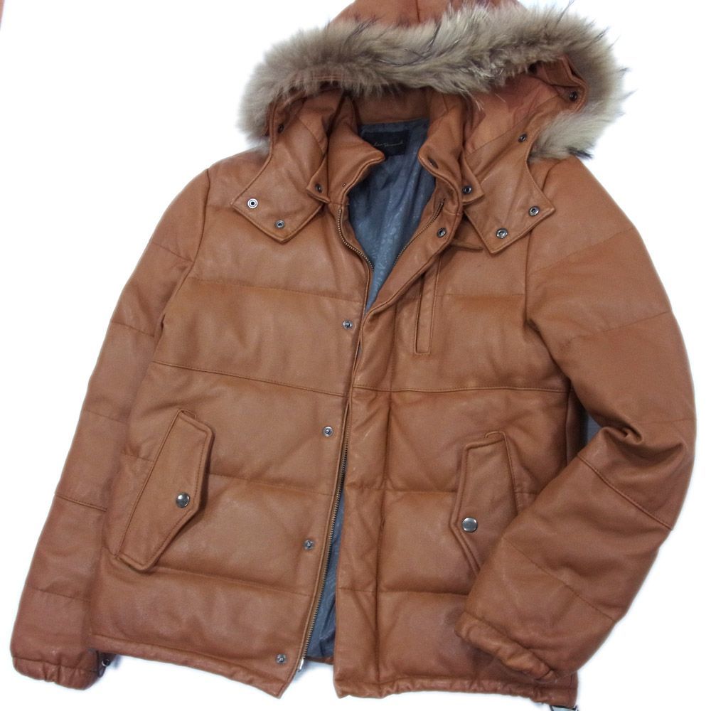 ダウン80％使用○アーバンリサーチ レザー ダウンジャケット ファー付き 羊革 レザージャケット ブルゾン 皮ジャン メンズ 38サイズ 1円