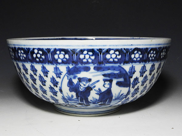 【桃】古伊万里：元禄期染付漢詩唐人図大鉢