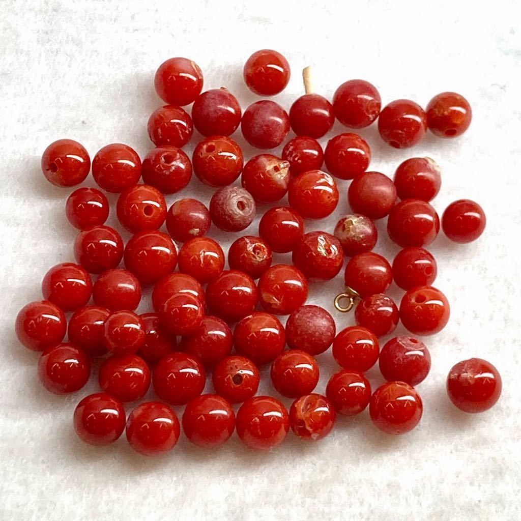 ［珊瑚アクセサリーパーツおまとめ50ct］j 重量約10g さんご コーラル coral 約5.0~8.5mm 赤 両穴 丸玉 ビーズ parts necklace CE0 