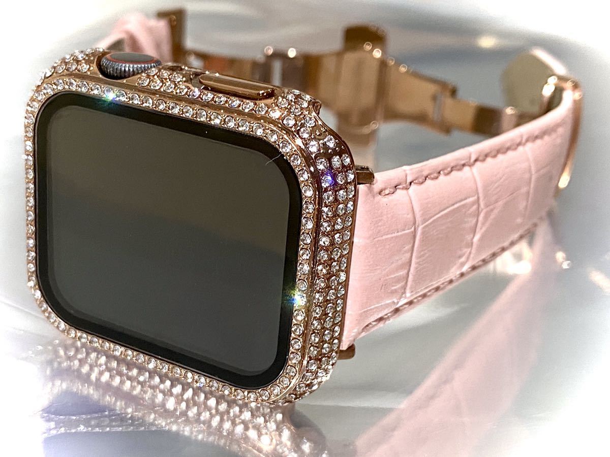 45mm44mm42mm41mm40mm38mm アップルウォッチ　カスタム　クリスタル同様の輝き　Apple Watchカバー画面保護付　ケース　本革　レザーバンド