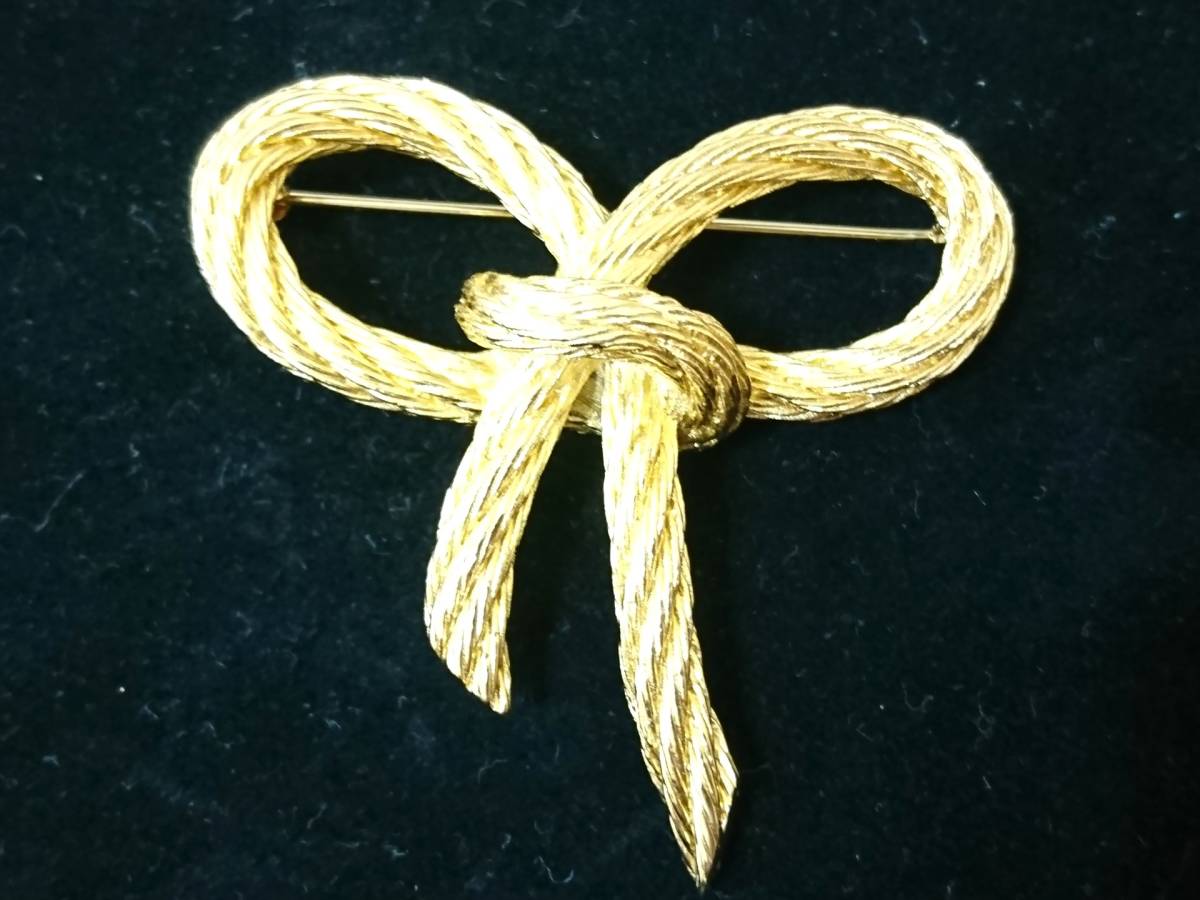 ☆【美品】 クリスチャン ディオール Christian Dior リボンモチーフ ブローチ ゴールドカラー ヴィンテージ 管FRAR