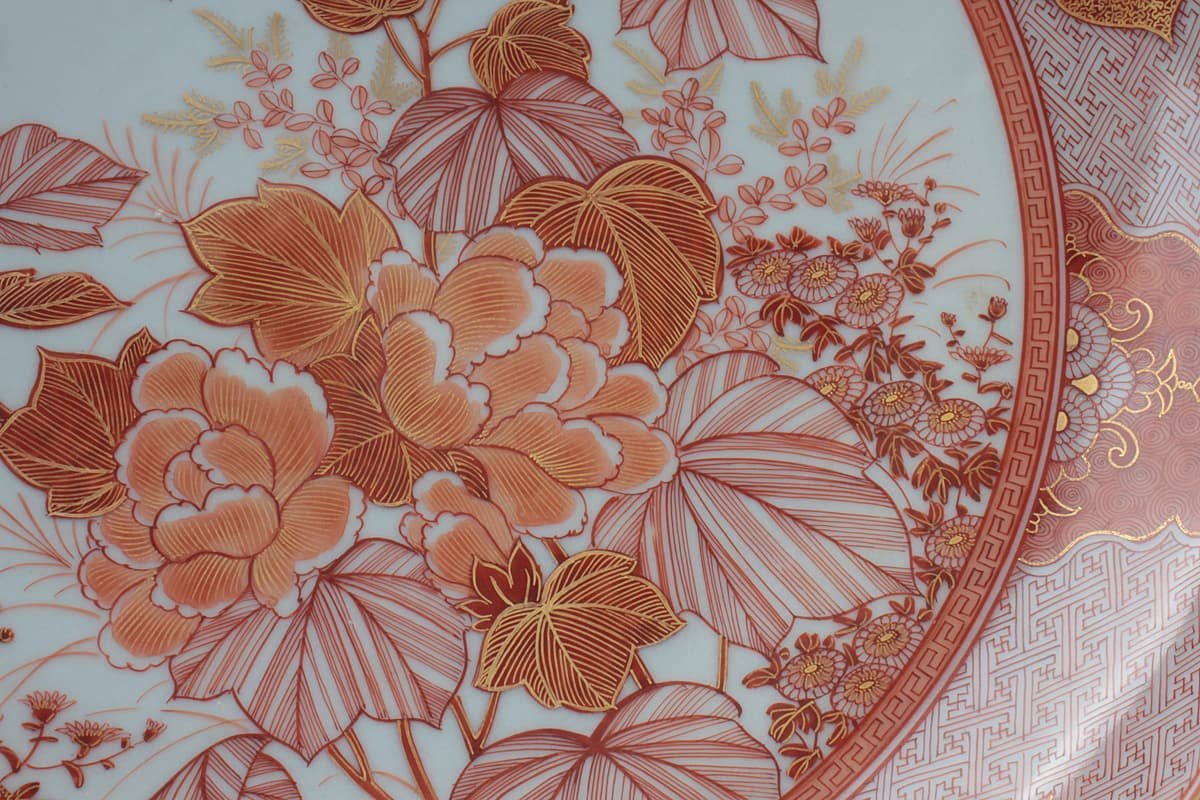EH908 【名工 福島武山 作】九谷焼 佐野窯 赤絵金彩芙蓉之図 鉢 径25cm