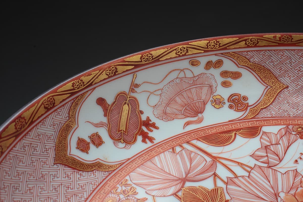 EH908 【名工 福島武山 作】九谷焼 佐野窯 赤絵金彩芙蓉之図 鉢 径25cm