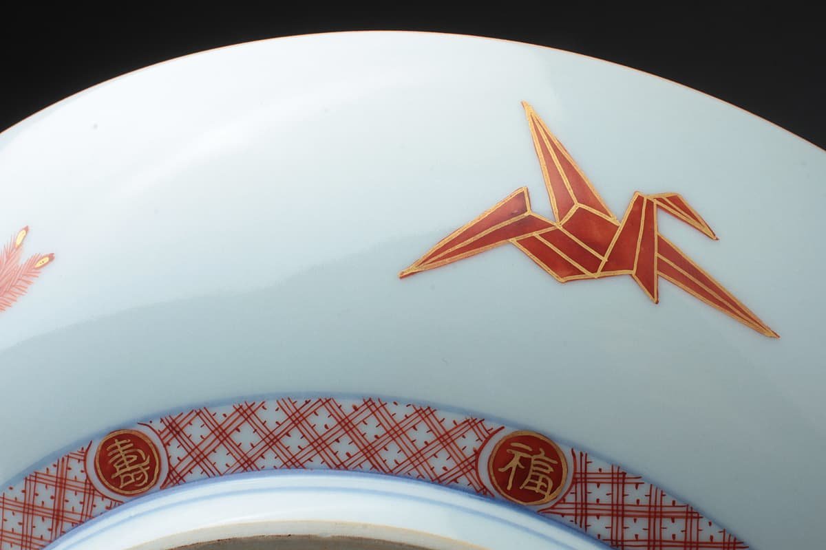 EH908 【名工 福島武山 作】九谷焼 佐野窯 赤絵金彩芙蓉之図 鉢 径25cm