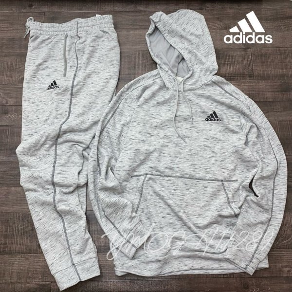 ☆新品☆adidas アディダス M ESS MEL スウェットパーカー & パンツ セット 上下 GK8973 GK8975 グレー O