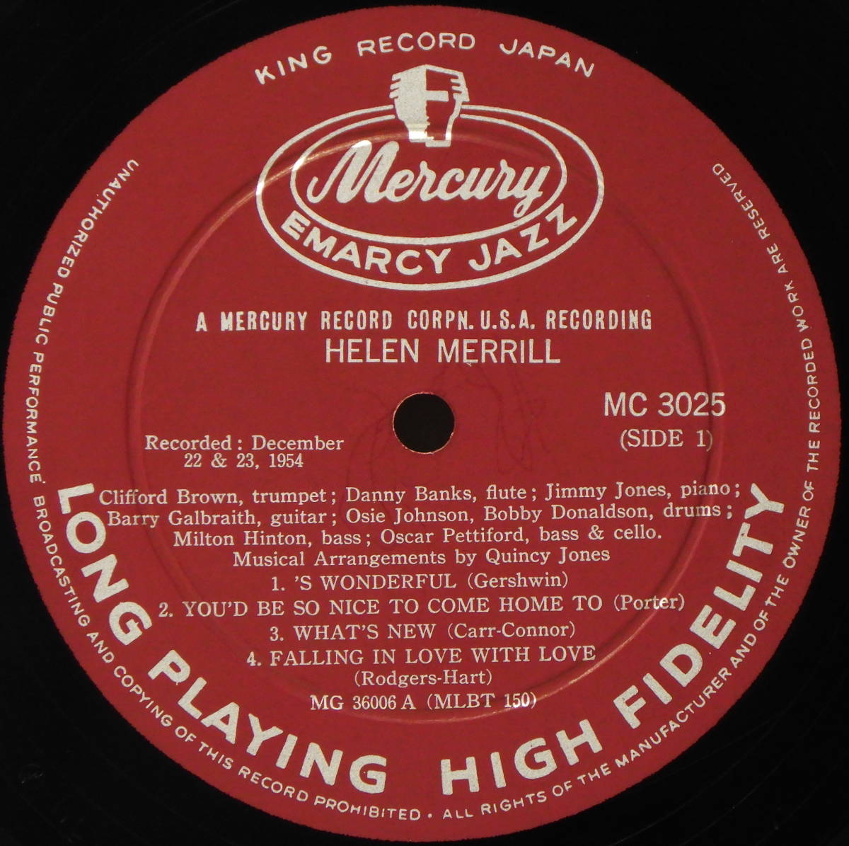 国内初期盤 ペラジャケ フラット盤 ヘレン メリル HELEN MERRILL EMARCY MC3025 KING