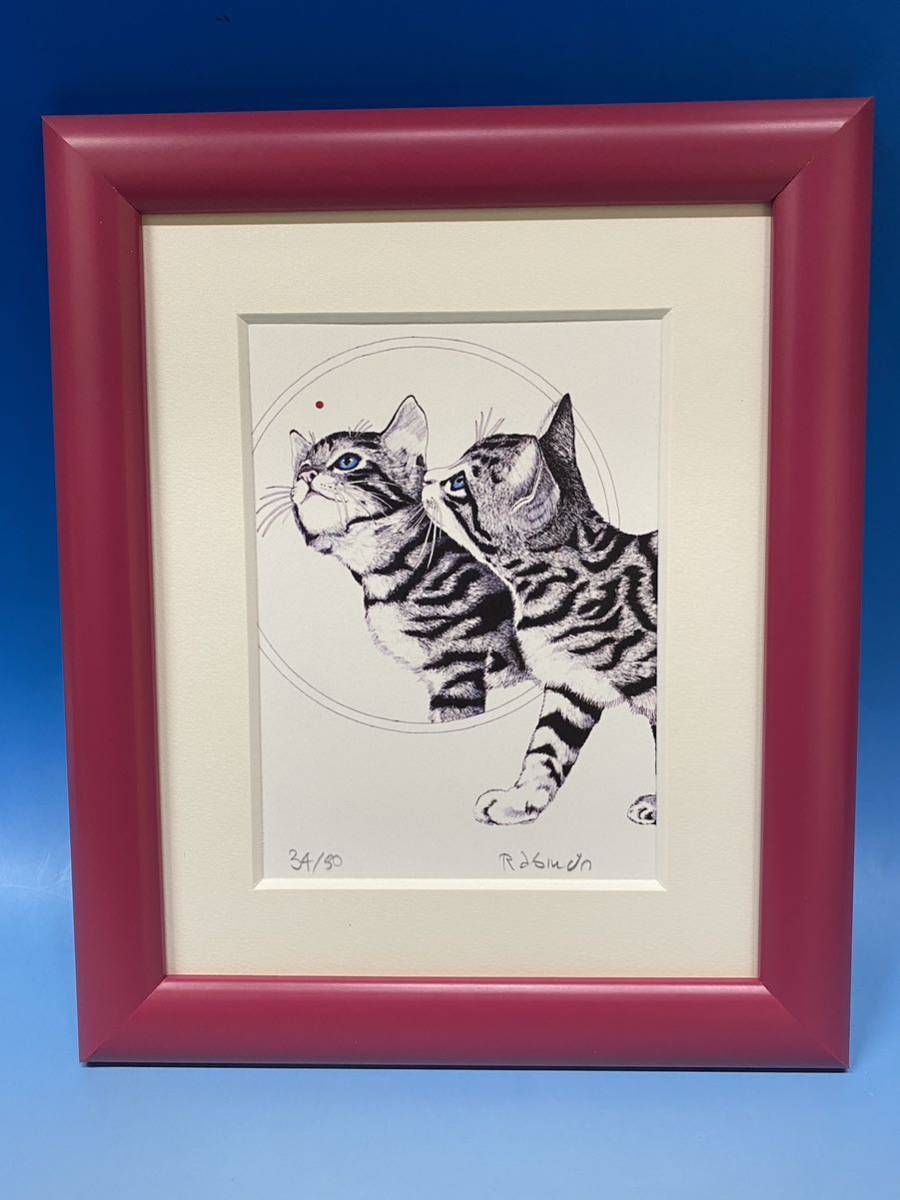 ラビンドラ・ダンクス 　猫 絵画 真作】ラビンドラ・ダンクス Rabindra Danks ◇猫『鏡を覗く猫