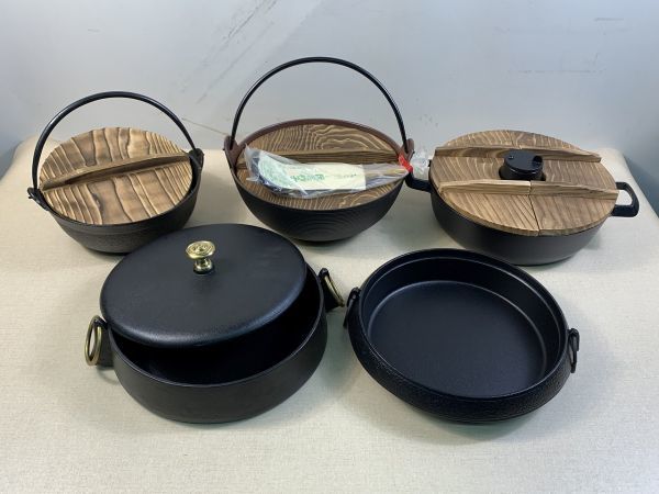 ◆DI93 ●ほぼ未使用● 南部鉄器 5点まとめ　すき焼き鍋×2点、しゃぶしゃぶ鍋×1点、鍋×2点　鉄製◆N