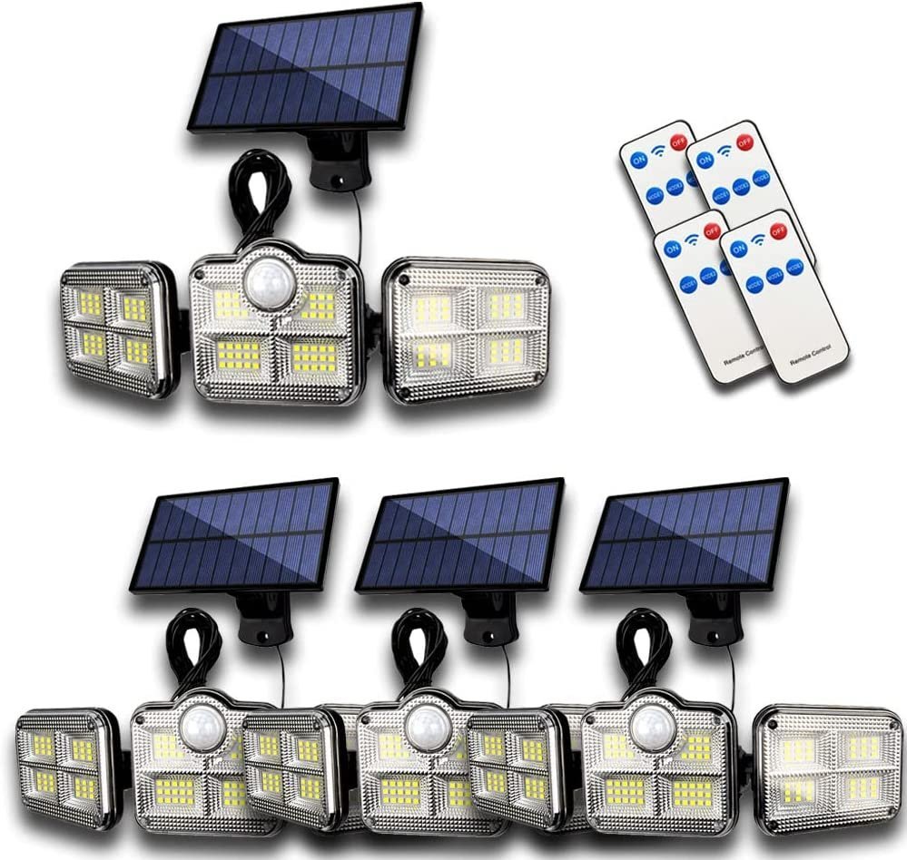 【4個セット】 ソーラーライト 122LED 3灯式 リモコン付き 5mコード付き センサーライト 防犯ライト ガーデンライト★