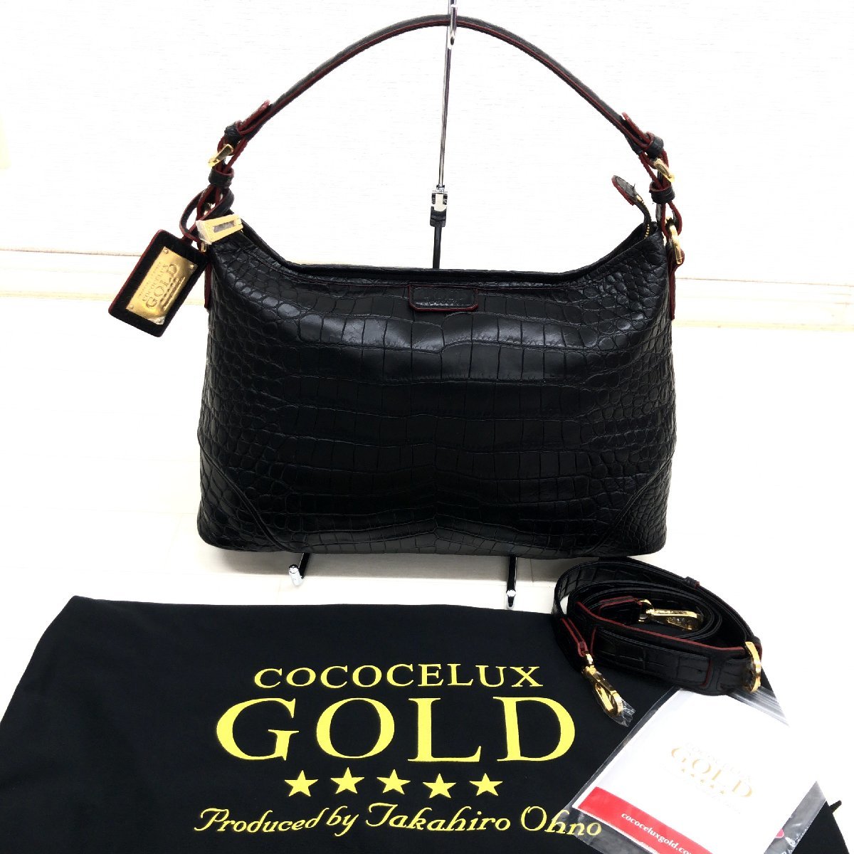 ◆美品 COCOCELUX GOLD ココセリュックス ゴールド 本革 レザー クロコ型押し ショルダーバッグ 黒 ブラック レディース 女性用