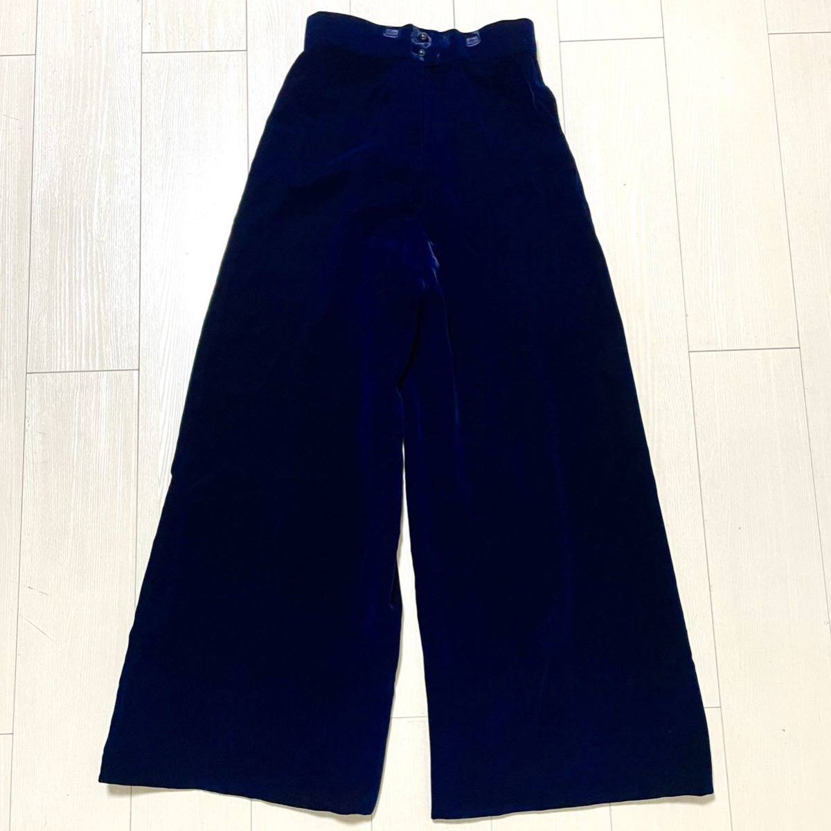 美品 Cristian Dior クリスチャンディオール ワイドパンツ L レーヨン100% ベロア ベルベット レディース ネイビー 紺 (ak329)