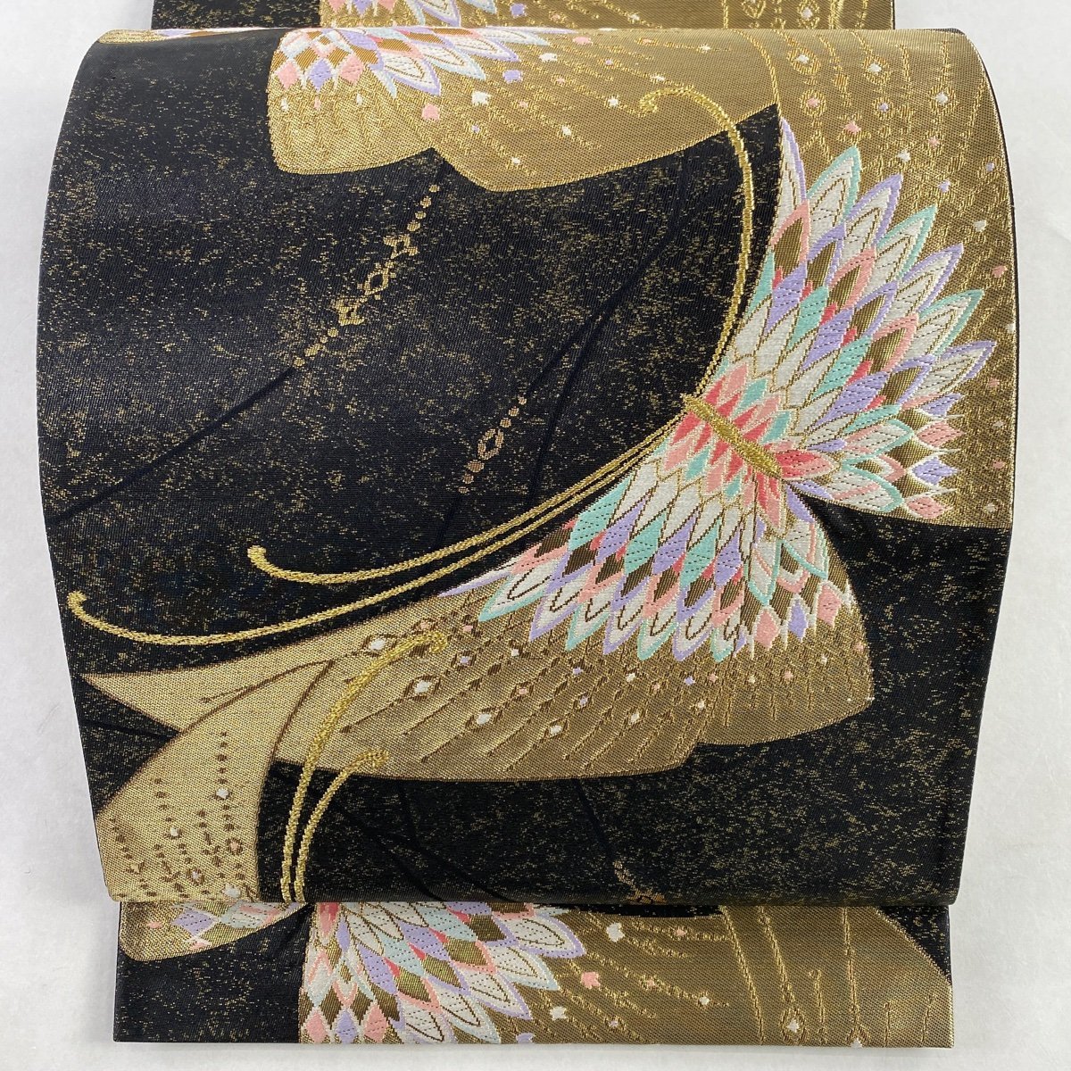 袋帯 美品 秀品 蝶 箔 唐織 黒 六通 正絹 【中古】