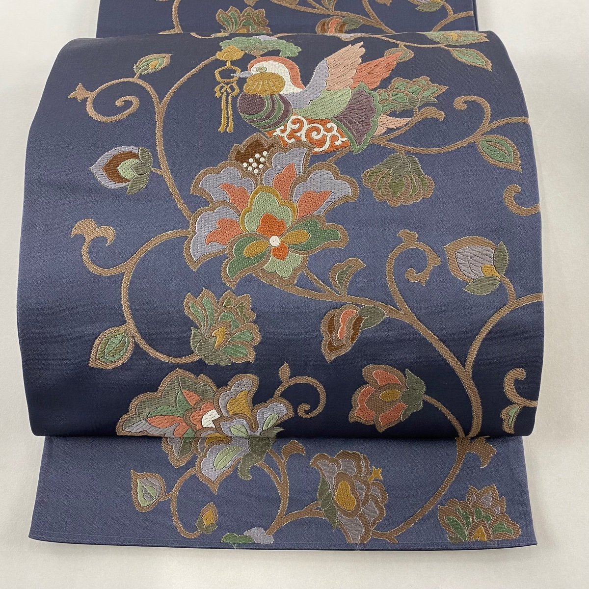 袋帯 美品 秀品 本袋帯 花唐草 鳥 金糸 唐織 青灰色 六通 正絹 【中古